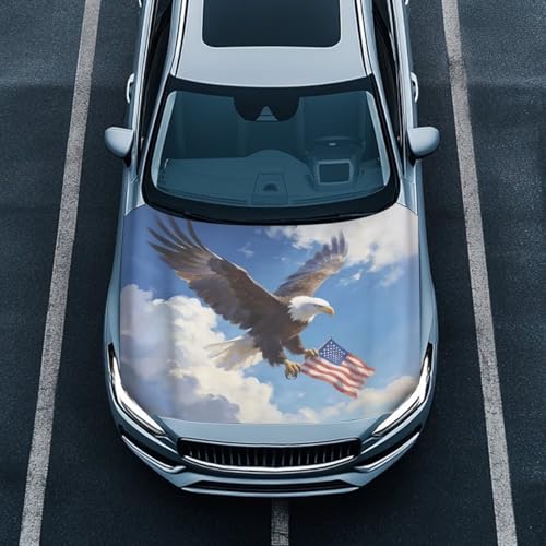 Image of Car Hood Cover Easy to Install Fabric Hood Cover Eagle and American Flag Vehicles Decorate Engine Removable Automotive Accessories Suitable for Cars(59x39 Inch)