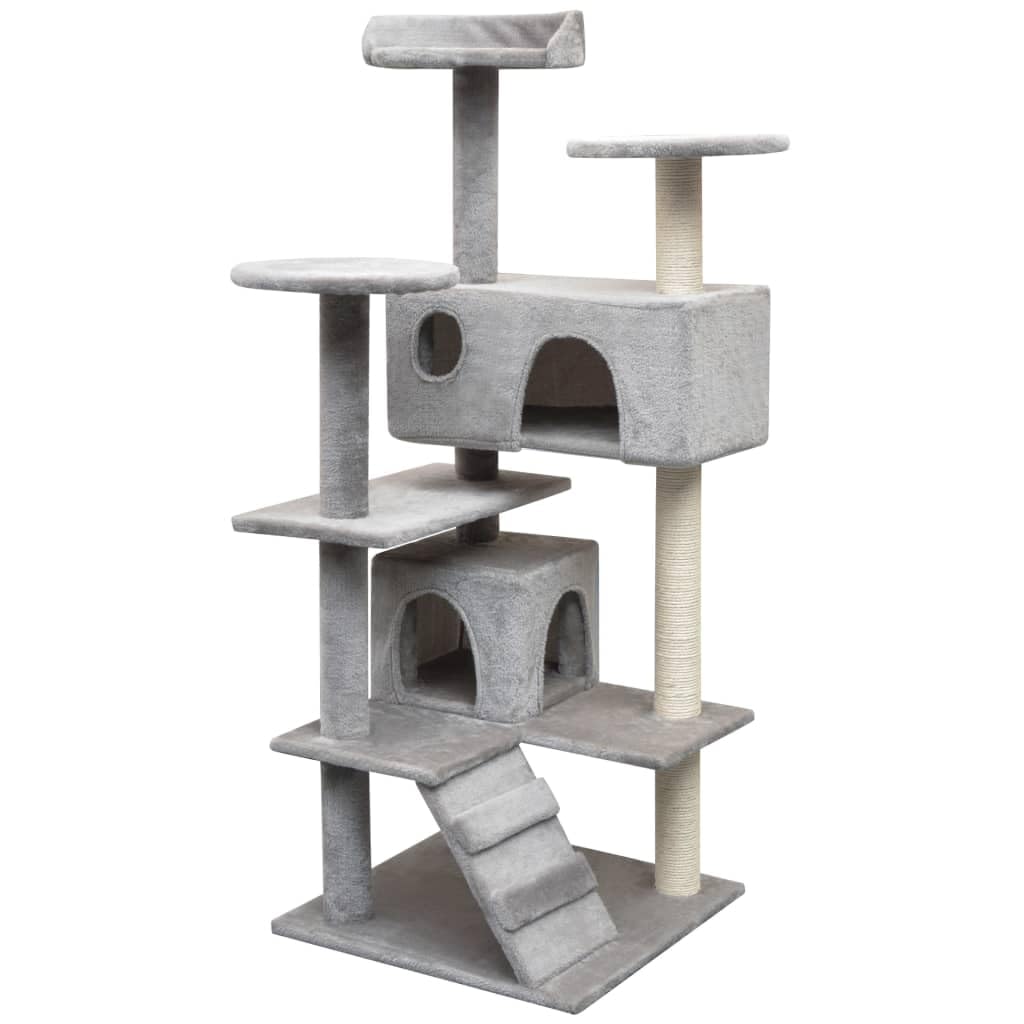 Rascador para gatos de sisal, 125 cm, color gris, muebles con tronco, torre de juego, cueva, tumbona, plataforma de felpa para salón, balcón, esquina, interior, de madera resistente