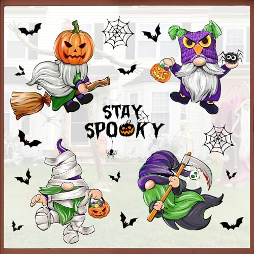 Mfault Halloween Gnome Window Clings 4 Sheets, Mummy Jack O Lantern Pumpkin Stickers Decals Decorations, Funny Bat Spider Web Home Kitchen Bedroom Living Room Decor Party Supplies