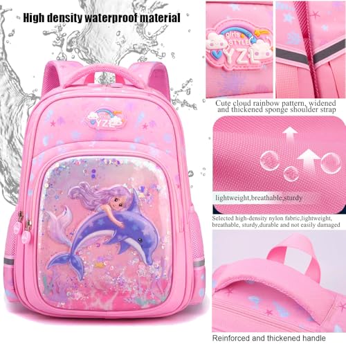 Kids Backpack Set with Lunch Box And Pencil Case Anti-Theft Combination Lock Toddler Backpack Mermaid 3D Printed Girls Backpack Kids Backpack15x 12x 7inches (Pink)3