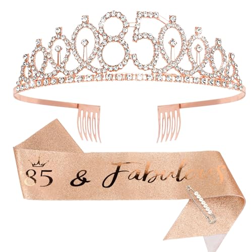 CIEHER 85th Birthday Crown Sash + Pearl Pin Set - Gifts for Women Decorations and Party Supplies