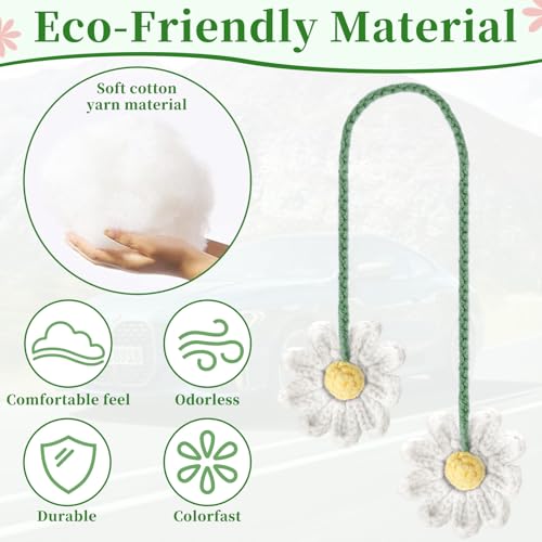 2 PCS Crochet Daisy Car Accessories for Women, Car Rearview Mirror White Flower Hanging Accessories, Handmade Cute Cars Accessory for Women Aesthetic, Cars Interior Decor Accessory Gift (White)