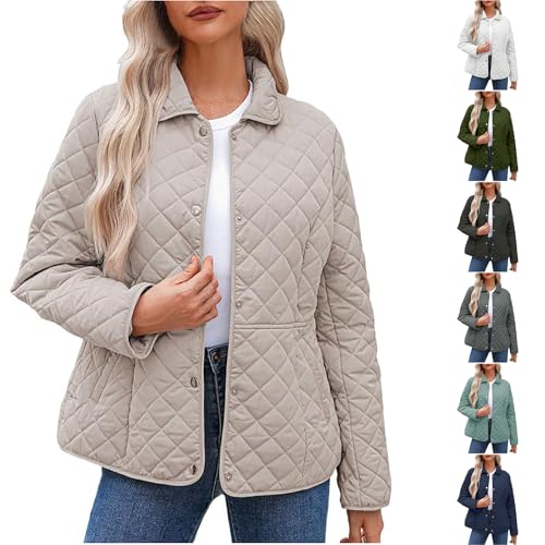 DDAPJ pyju Quilted Jackets for Women Button Down Winter Coats Lapel Long Sleeve Puffer Jacket Casual Padded Coat with Pockets