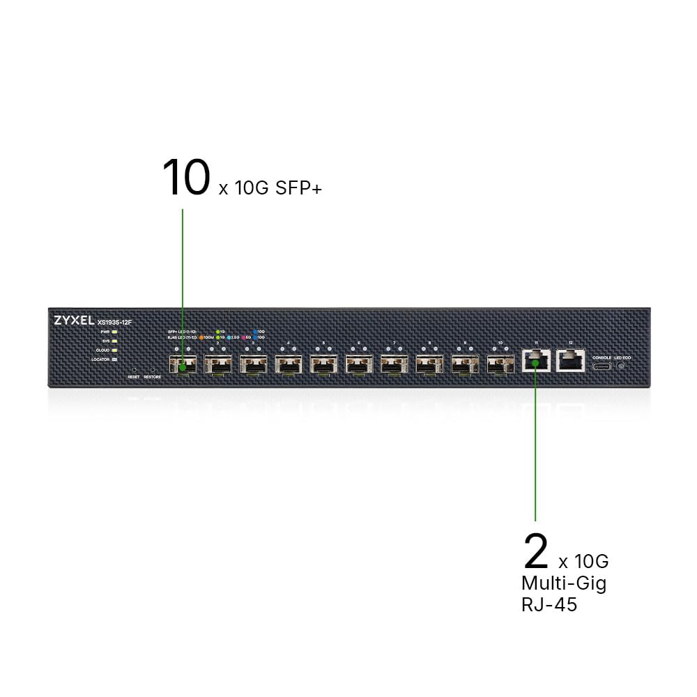 ZYXEL Switch Ethernet 12 Porte | Lite-L3 | 10G | Fiber | XS1935-12F | 2x Porte 10G RJ-45 + 10x 10G SFP+, Smart Managed, QoS, VLAN, Kit di Montaggio su Rack Incluso