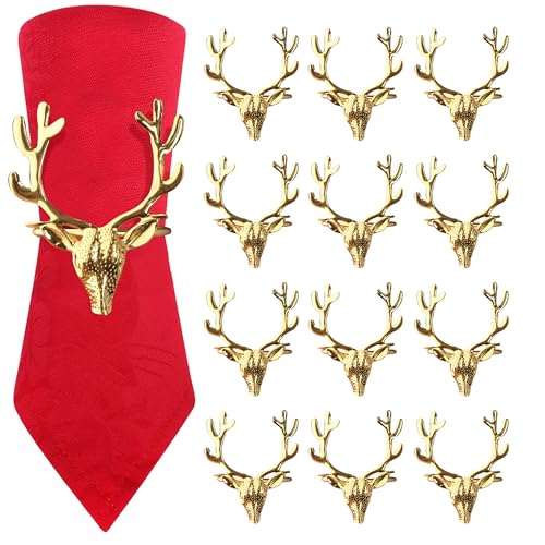 12 Stück Serviettenringe Weihnachten, Rentier Serviettenringe Gold, Metall Serviettenring für Tischdekoration bei Weihnachtsfeiern & Abendessen