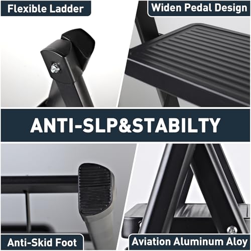 Image of 2-Step Ladder, Folding Step Stool for Kitchen /Closet /Garage, Sturdy & Lightweight Aluminum Handy Ladder, 250 lbs Capacity, Anti-Slip Pedals, Compact & Portable for Home DIY & Everyday Use