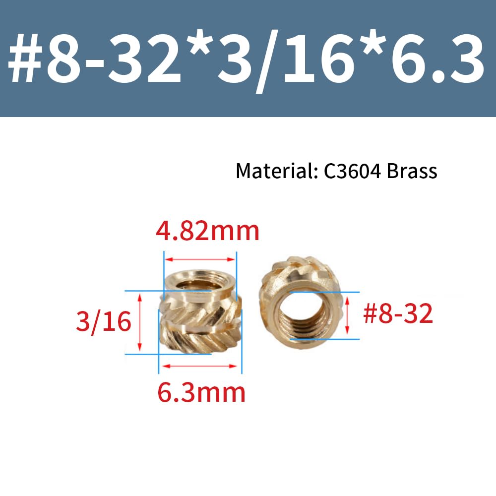 #8-32 Threaded Insert, Pack of 50 #8-32 x 3/16 x 6.3 mm C3640 Brass Heating Insert, American Knurled Nuts - Image 2