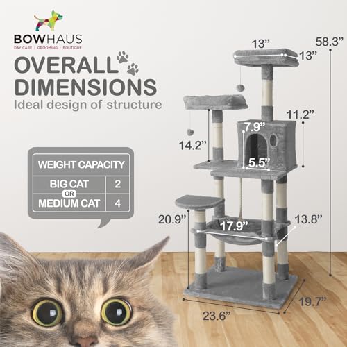 Image of BOWHAUS Tall Cat Tree for Indoor Large Cats or Kittens, Multi-Level Cat Activity Tree with Scratching Posts, Hammock, Cat Cave Condo, Modern Cute Small Cat Climbing Tower with Widened Perch