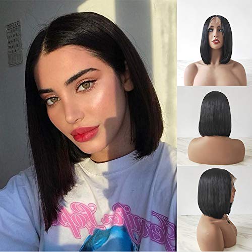 Short Straight Bob Lace Front Wigs for Women Natural Black Synthetic Wig Shoulder Length Middle Parting Lace Wig Gluelss Heat Resistant Wig for Cosplay Daily Party Use 12”