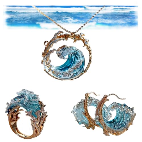 Conjunto De Joyas Del Juramento Del Océano, Collar/anillo/pendiente Ajustable De Las Olas Del Océano, Regalo De Inspiración Del Collar Del Juramento Del Océano (Set)