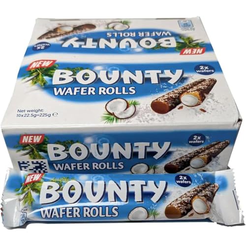 BML Bounty Crispy Wafer Rolls Multipack 10 x 22.5g Chocolate Coated Coconut Filled Wafer Biscuits Individually Wrapped Sweet Snack Lunch Box Treat Sharing Pack Gift Tea Time & Everyday Snacking