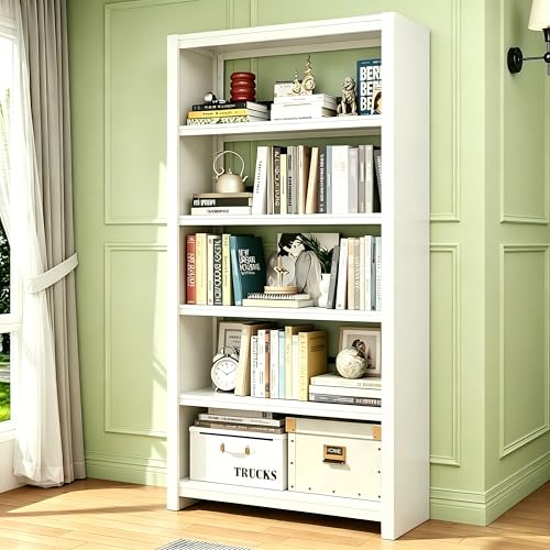 Image of 69 inch Tall Bookshelf, Industrial Bookcase, Easy Assembly, White | Heavy Duty Metal, 5 Tier Display Storage Shelves, For Home Office, Living Room, Study
