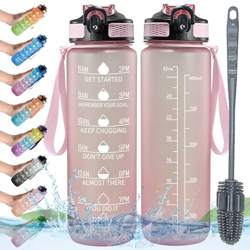 水筒 1リットル 軽量 ウォーターボト ルメモリ付き 1000ml タイムマーカー付き 時間と量付き ストロー キャリーハンドル付き BPAフリーのつや消しプラスチック 大容量 1L スリムでおしゃれ モチベーションボトル ジム、スポーツ、旅行、フィットネ