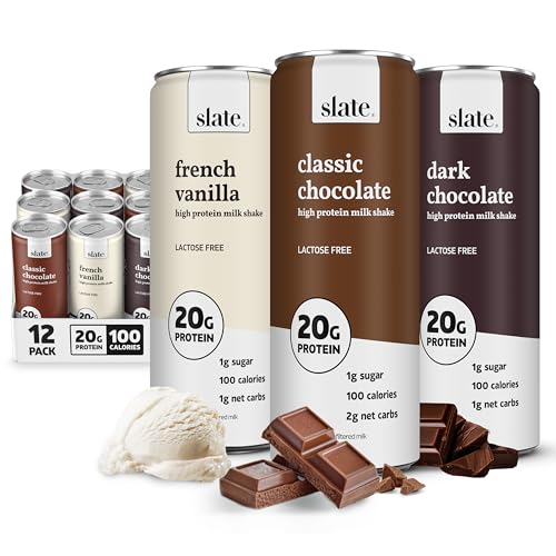 Image of Slate Milk - High Protein Milk Shake - Core Variety Pack - Classic Chocolate, Dark Chocolate, French Vanilla - Lactose Free, 20g Protein, 1g Sugar, 100 Calories, 1-2g Net Carbs - 11 fl oz, 12 Cans