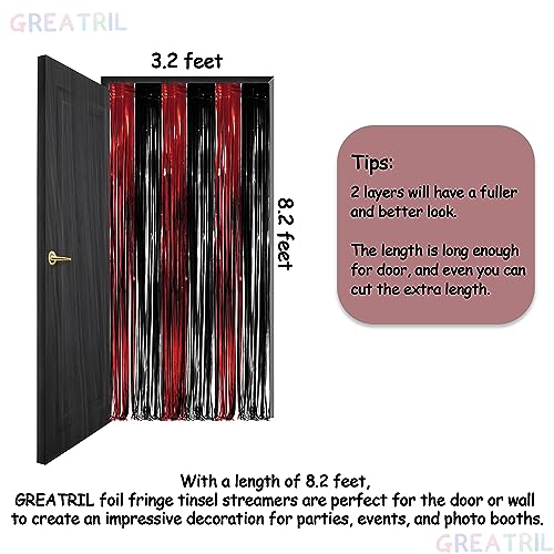 Image of Black Red Party Streamers Backdrop - GREATRIL Foil Fringe Tinsel for Stranger /Friday Party /Halloween Party Decorations - 3.2ft X 8.2ft - 2 Packs