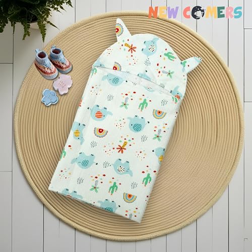Image of NEW COMERS 100% Pure Cotton Waffle Hooded Wrapper - Baby Towel for New Born | Big Size 50cm x 26cm | Soft, Safe & Skin-Friendly | Perfect for Newborns 0-5 Years | Breathble Absorbant (Multicolor 3)