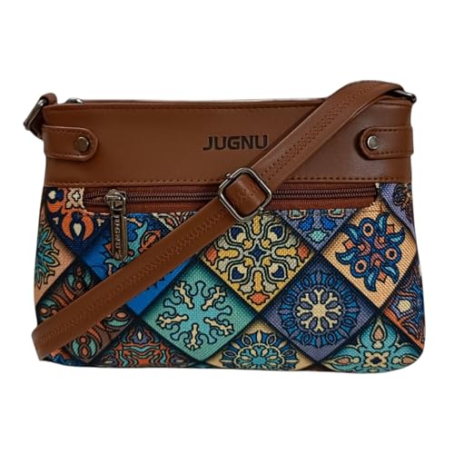 Image of JUGNU Sling Bag for Women, Jute Fabric, Crossbody Style, Slim Design, Multicolour, Medium Size, Lightweight, Adjustable Strap, Zipper Closure, 5 Pockets