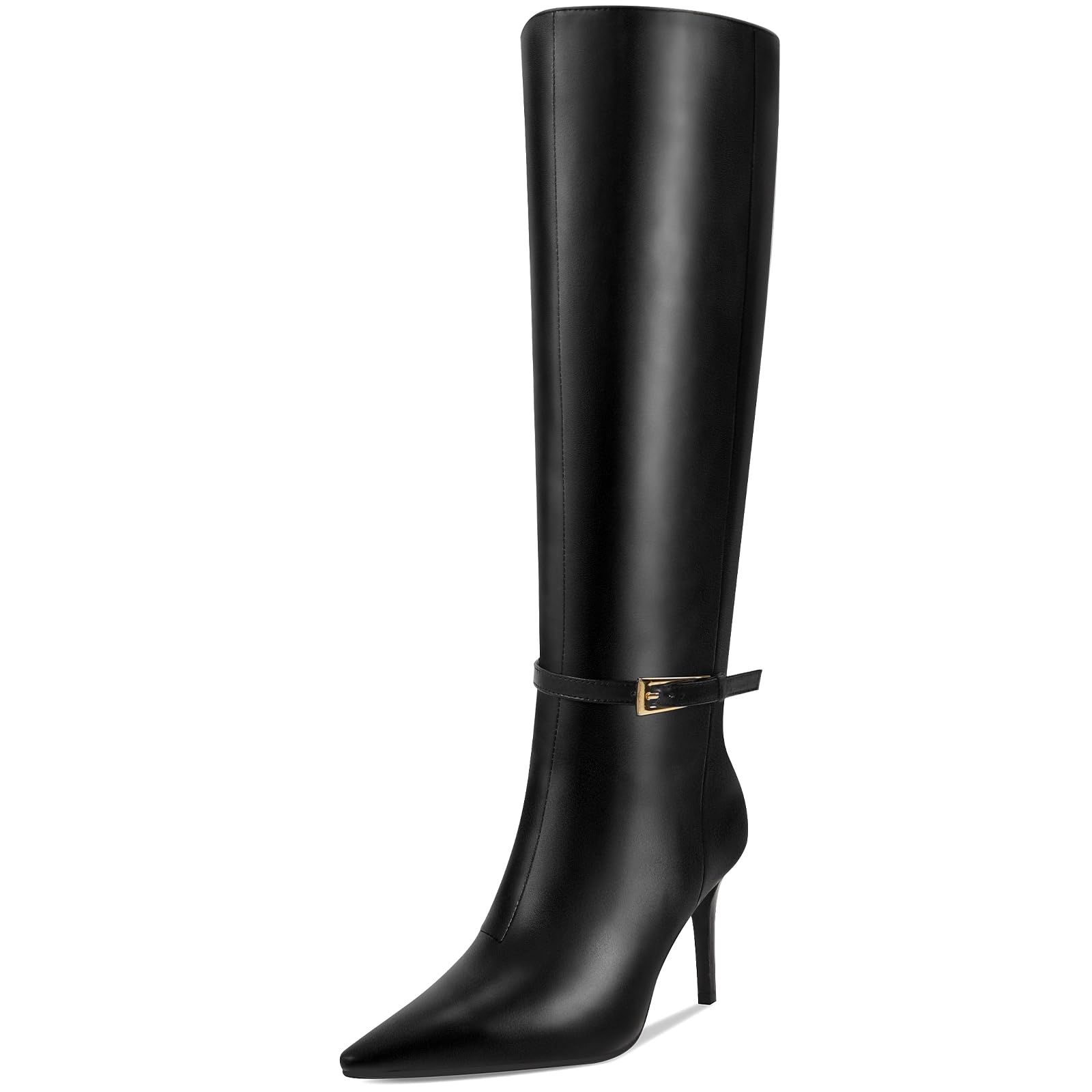 COMJUY Knee High Boots Women Stiletto High Heel 3.3in, Side Zipper Pointed Toe Metal Buckle Tall Boots Dress Boots for Women, Comfortable Faux Leather