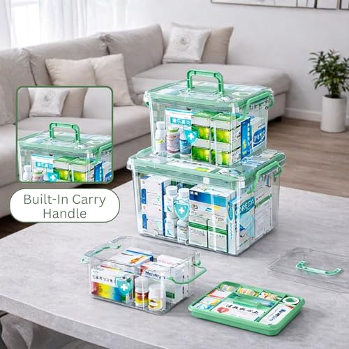 Image of HoopVool Plastic Medicine Storage Box Organizer, Family Emergency Kit Portable Lockable Container for, Art Craft and Household Organizer (Green, Large)