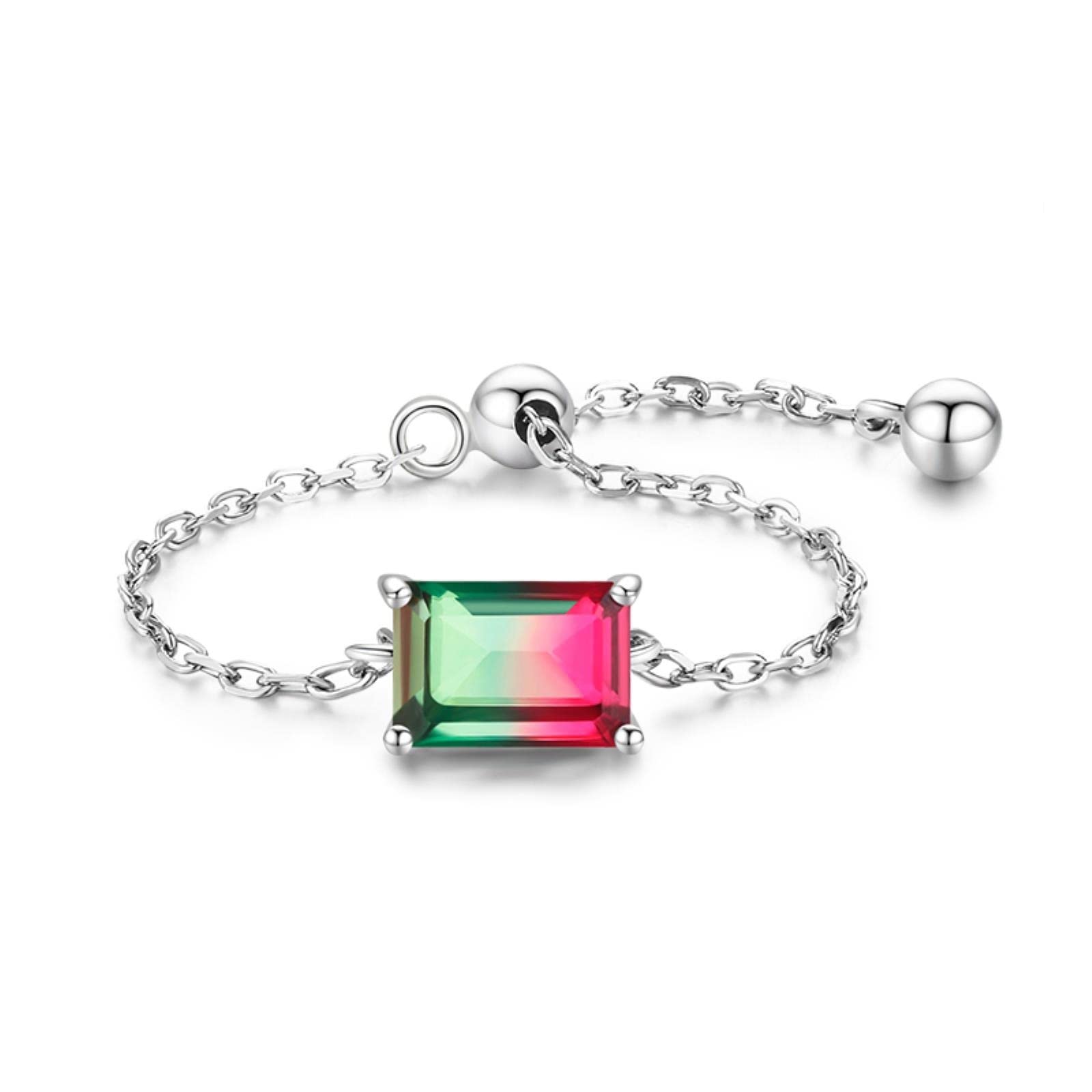 Stang Women's Silver Trendy New 925 Watermelon Tourmaline Chain Adjustable Rings For Wedding Engagement Jewelry Gift