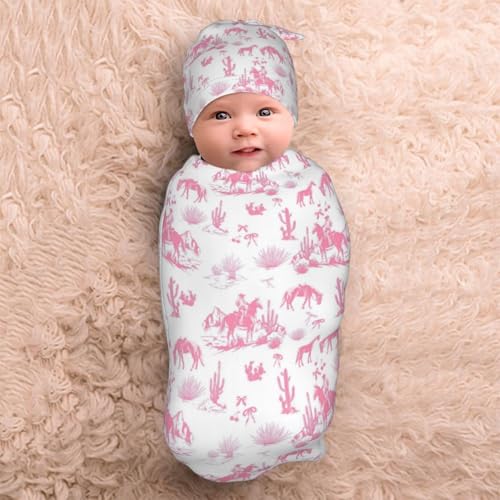 Image of Western Cowboy Cactus Pink Baby Stuff Swaddle Blanket Wrap Baby Newborn Blanket Soft Stretchy with Headband Hat Set Gift for Infant Boy Girl