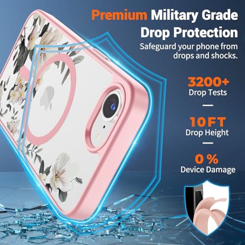 Image of VONZEE Compatible with iPhone 17e /iPhone 16e /SE4 Case, Luxury Retro Flowers Floral Clear Magnetic Wireless Charging PC+TPU Cute Glossy Shiny Cover for Girls Women, Pink