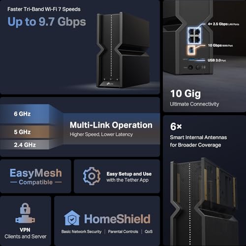 undefined TP-Link Tri-Band BE9700 WiFi 7 Router Archer BE550 Pro 1 × 10G + 4 × 2.5G, USB 3.0 6 Internal Antennas VPN Clients & Server 6GHz Band, Easy-Mesh, HomeShield, MLO, Private IOT の商品画像 1