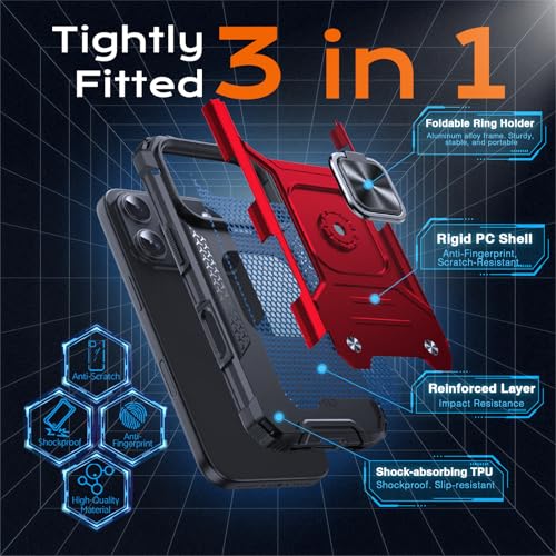 Image of Anqrp Heavy Duty Case for iPhone 17 Pro Case with Enhanced Ring Holder Grip Stand, Military Grade Shockproof Rugged Drop Protective Silicone Hard Slim iPhone 17 Pro Phone Case Cover,Corail Red