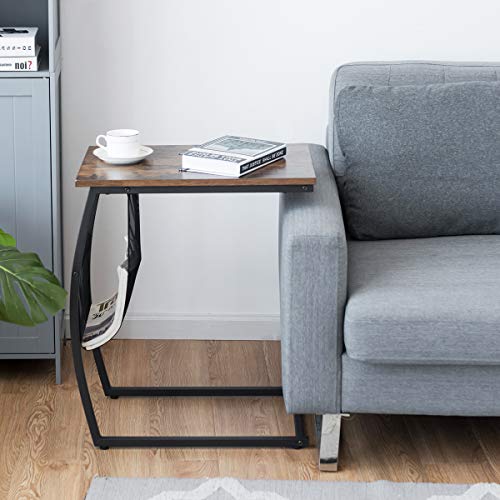Tangkula Sofa Side End Table, C Table Snack Table With Side Pocket & Metal Frame, Over Bed Table Industrial Side Table For Sofa Couch Bed, Living Room, Bedroom (Rustic Brown) #TOP2