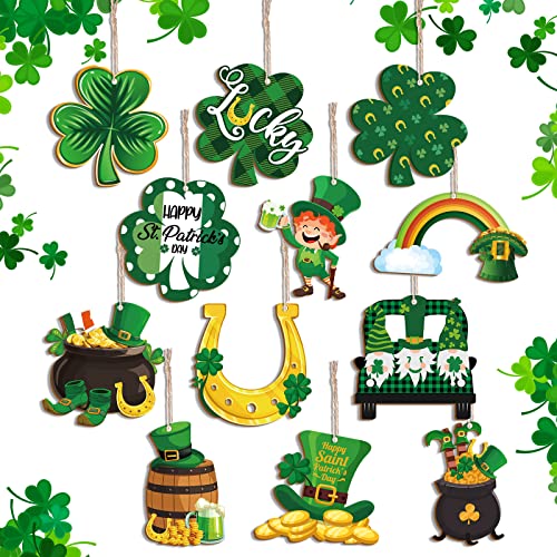 Yulejo St. Patricks Day Decorations Wooden Shamrock Ornaments Good Luck Clover Hanging Ornament Craft for Tree Shamrock 12 Styles Irish Saint Patricks Day Tree Hanging Decorations(36 Pieces)