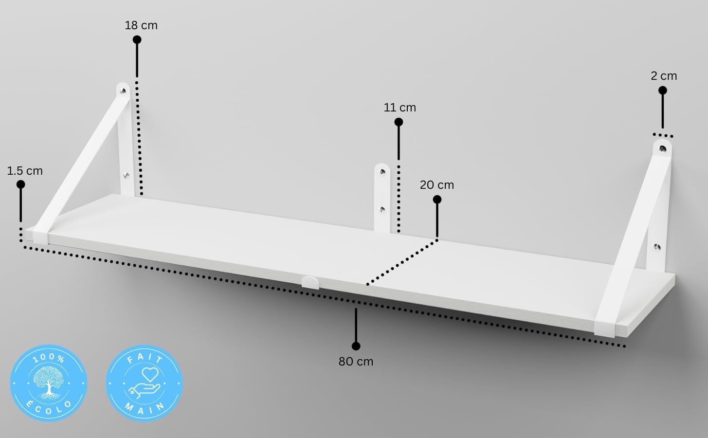 CASSA ZENO Étagères murales suspendues pour le mur, lot de 3, 80 cm x 20 cm Étagère Bibliothèque pour chambre à coucher Salon Bureau Salle de bain Cuisine Bois rustique avec support métallique (blanc)