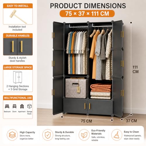 Image of Mevigo Foldable Plastic Wardrobe for Clothes - 12- Door Baby Cupboard for Clothes Storage, Wardrobe for Kids, Plastic Almirah, Collapsible Wardrobe for Kids Livingroom & Home (Grey- HK3, 6- Door)