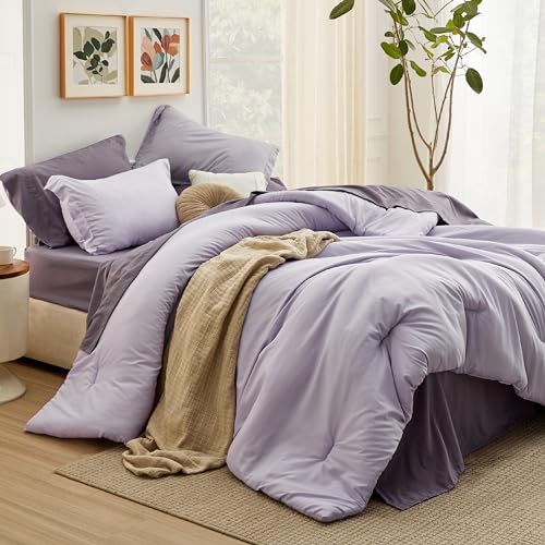 Image of Bedsure Twin XL Comforter Set - Extra Long 5 Pieces Lavender Twin XL Bedding Set for All Seasons, Boho Contrasting Design Bed in a Bag with Comforter, Sheets, Pillowcase & Sham