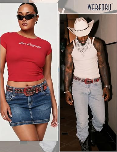 Image of WERFORU Women Men Western Rhinestone Studded Leather Belt Unisex Bling Cowgirl Cowboy Waist Belt for Jeans Pants Dress
