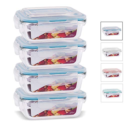 KIT 4 Potes de Vidro Retangular com Tampa Hermética 370ml Cor:Azul (QH)