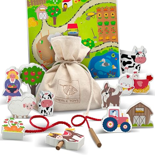 Merle Toys Fädelspiel ab 2 Jahre aus 100% nachhaltigem Buchenholz Bauernhof Spielzeug ab 2 Jahre Montessori Spielzeug 2 Jahre Auffädeln Spiel mit 12x großen Holzfiguren und Spielbrett