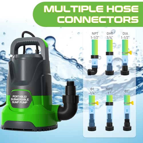 Image of Sump Pump 1HP Submersible Water Pump 3700GPH Electric Portable Transfer Water Pump for Pool Draining Basement, Light Green
