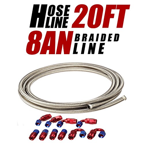 20Ft 8AN AN8 Stainless Steel Braided Oil Gas Fuel Line Hose + 10pcs 8AN Hose Fitting Kit Blue+Red