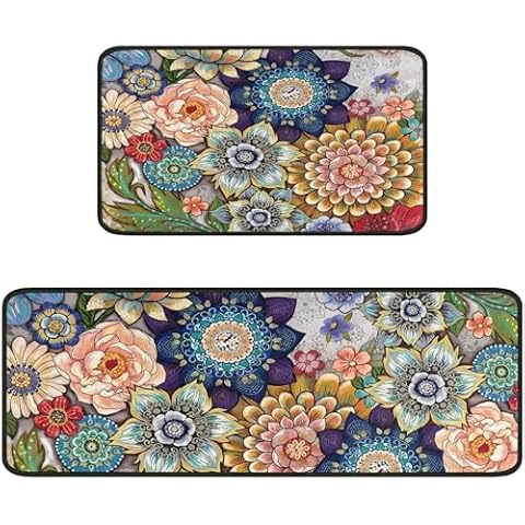 Faptoena Boho Floral Kitchen Rugs Set of 2,Bohemian Mandala Kitchen Mats for Floor, Vintage Flowers Non-Slip Washable Sink Mats Home Decor Doormat+Runner Rug Cover