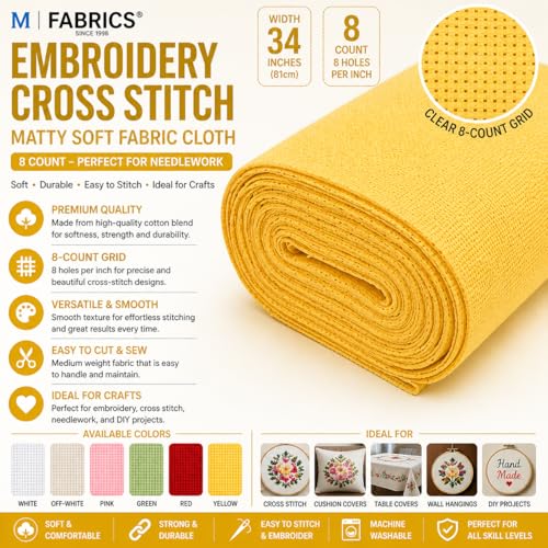Image of M Fabrics 3 Meters Yellow Aida Matty Fabric 8 Count 34 Inch Width | Cotton Cross Stitch Embroidery Cloth Soft Needlework Fabric for Cushion Covers Table Covers Craft Sewing - 3 Meters Yellow