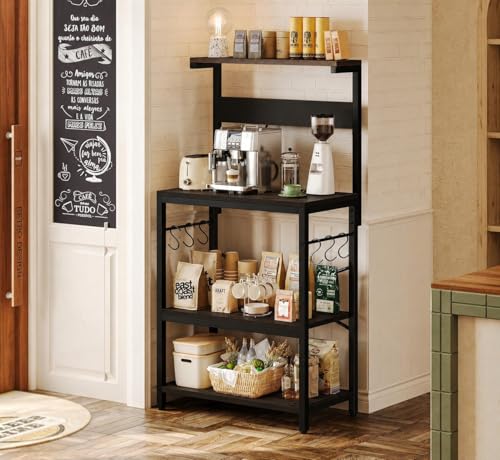 Image of 4-Tier Baker's Rack and Coffee Bar Table | Kitchen Microwave Stand with 6 S-Hooks | Storage Shelf for Spices, Pots and Pans | Black | 60x40x125 cm