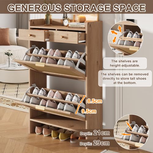Armadio Scarpe 65cm Rattan, 2 ribaltabili, 2 cassetti, Legno