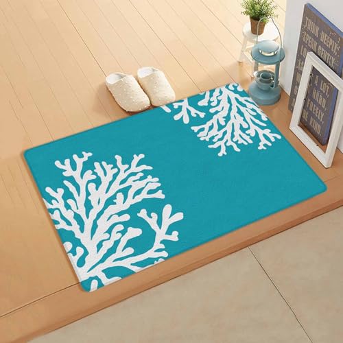 Aqua Coral Antifatigue Kitchen Bath Door Mat Cushioned Runner Rug,Washable Welcome Floor Sink Mat,Waterproof & Non-Slip Standing Doormat for Kitchen,Summer Ocean Turquoise Coastal Beach Teal 24