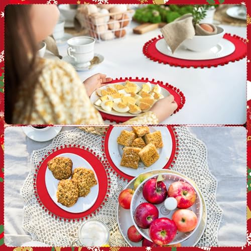 Windkream 6 peças de jogo americano de Natal com bolas fofas tapetes de mesa redondos vermelhos rúst