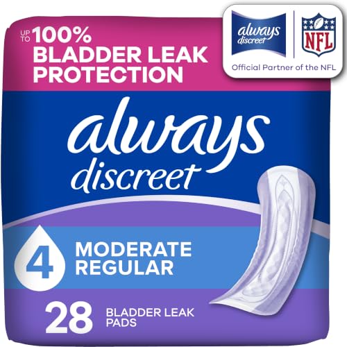 Always Discreet Adult Incontinence Pads for Women, Moderate Absorbency, Regular Length, Postpartum Pads, Up to 100% Bladder Leak Protection, 28 Count