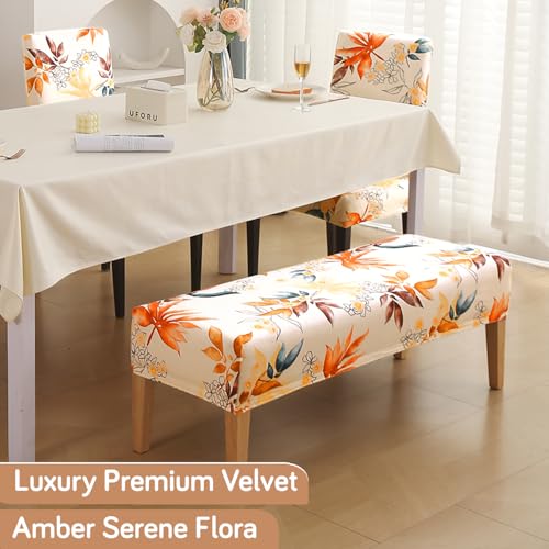 Image of HOKIPO Premium Printed Velvet Elastic Dining Bench Cover, Amber Serene Flora (AR-5798-D3)