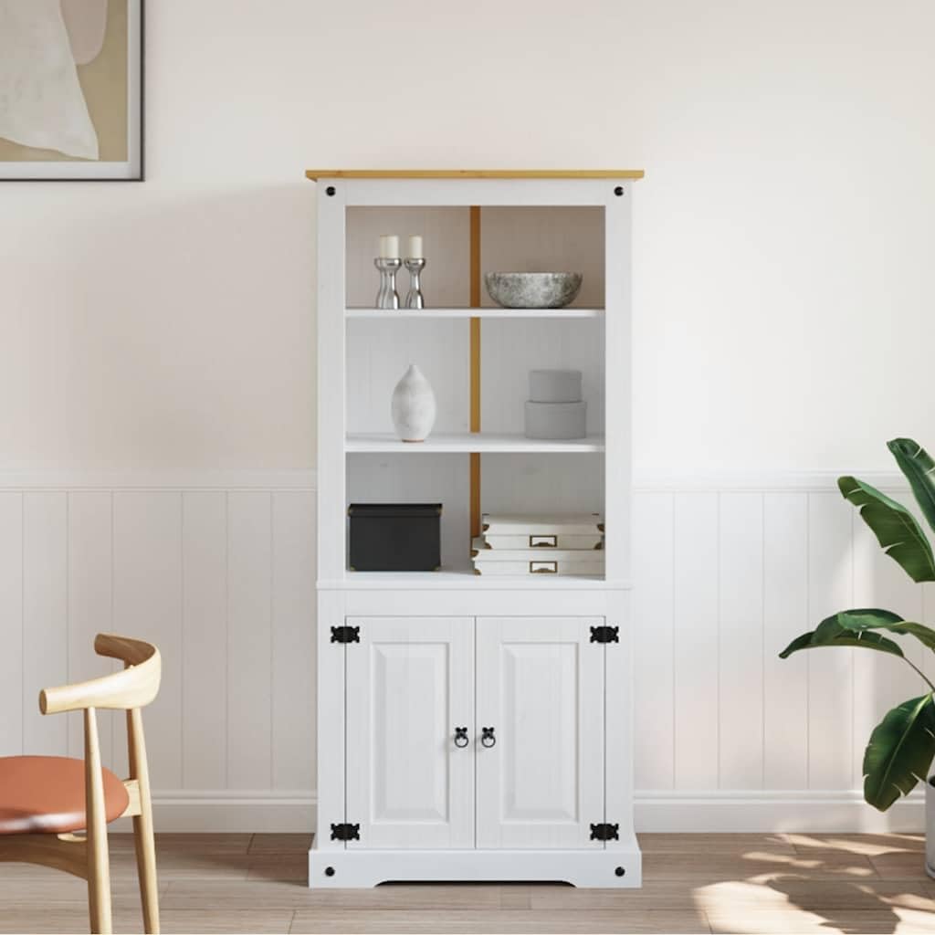 Rustic White Side Cabinet with Brown Top Solid Pinewood Storage Cupboard for Dining Room Indoor Use 15.7 x 31.5 x 66.9 in Durable Storage Locker with Two Doors and Five Shelves