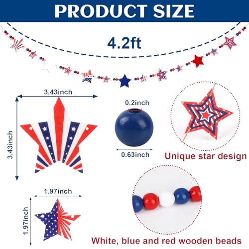 Image of MARFOREVER Patriotic Wooden Bead Garland Independence Day Decorations 4.2 FT