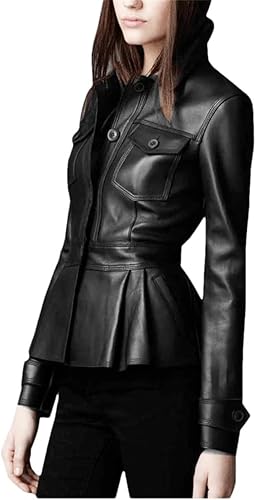 Lambskin Women’s Peplum Single Breasted Black Leather Flared Jacket For