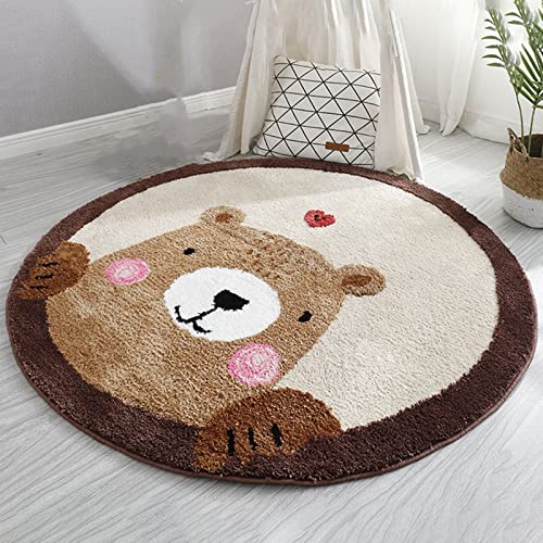 Jackcsale Round Rug Cute Cartoon Animal Plush Area Rug Fluffy Faux Wool Playroom Rug Non-Slip Kids Rug Washable Game Rugs Floor Mat for Kids Bedroom Nursery Living Room Playroom (Brown Bear, 63 inch)